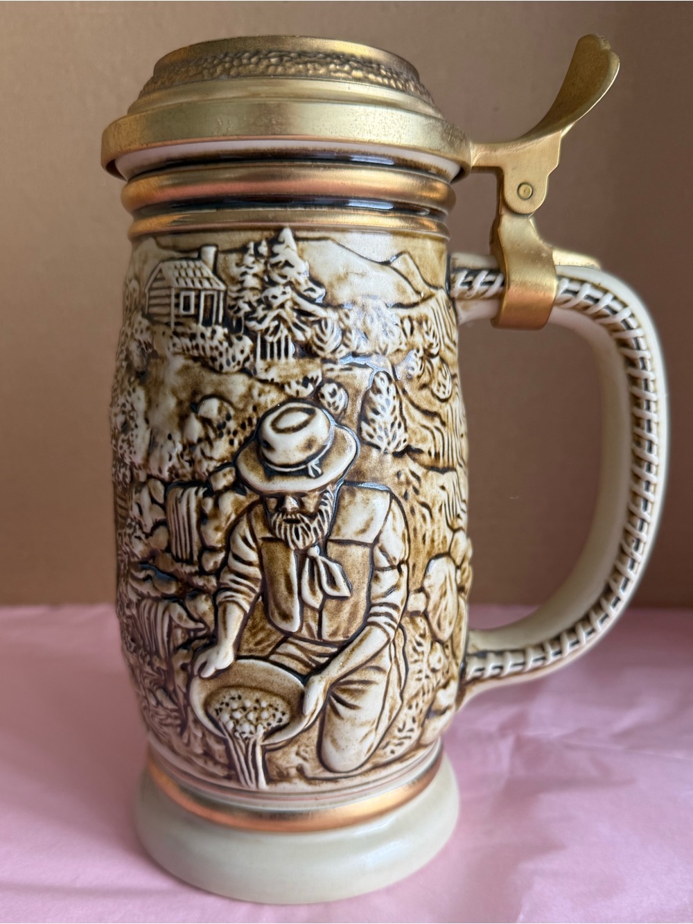 VTG 1987 Avon The Gold Rush Beer Stein Lidded Ceramic Mug Handcrafted Brazil